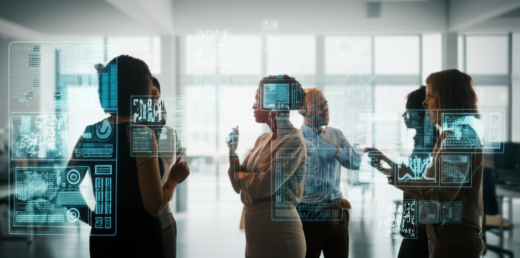 AI-generated image based on prompt: Dynamic team of diverse professionals collaborating in a modern, bright office environment with holographic AI interfaces and data visualizations floating in the air. Theme: teamwork, innovation, advanced AI technology in a corporate setting.