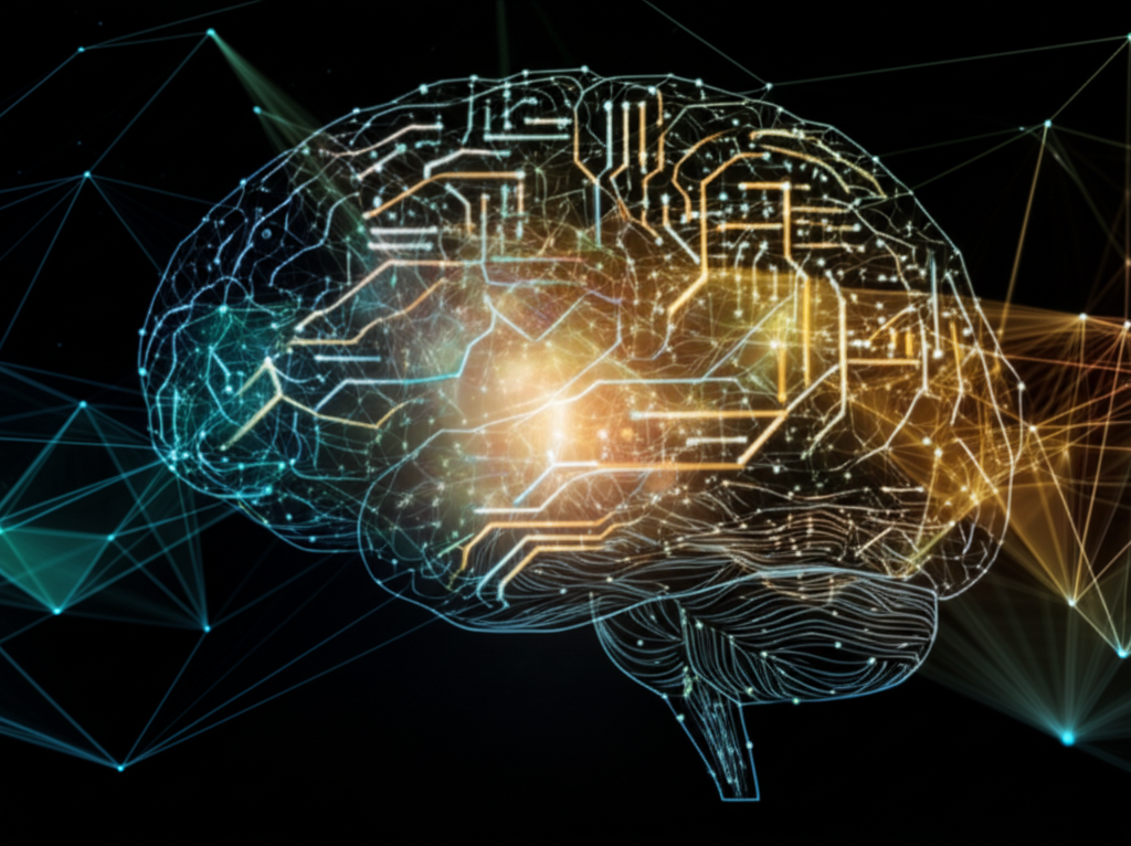 AI-generated image based on prompt: Abstract representation of a futuristic AI brain glowing with interconnected data streams, symbolizing global connectivity and intelligent insights. Theme: futuristic technology, AI consciousness, abstract connections, visionary concepts.